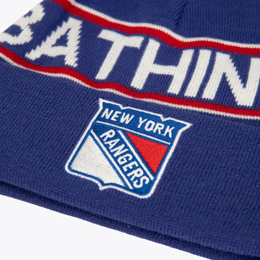 Шапка Mitchell & Ness x Bape Blue New York Rangers Bape Cuffed Knit Pom Hat