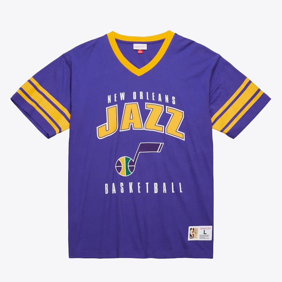 Футболка Mitchell & Ness Purple New Orleans Jazz Hardwood Classics Retro Logo V-Neck T-Shirt