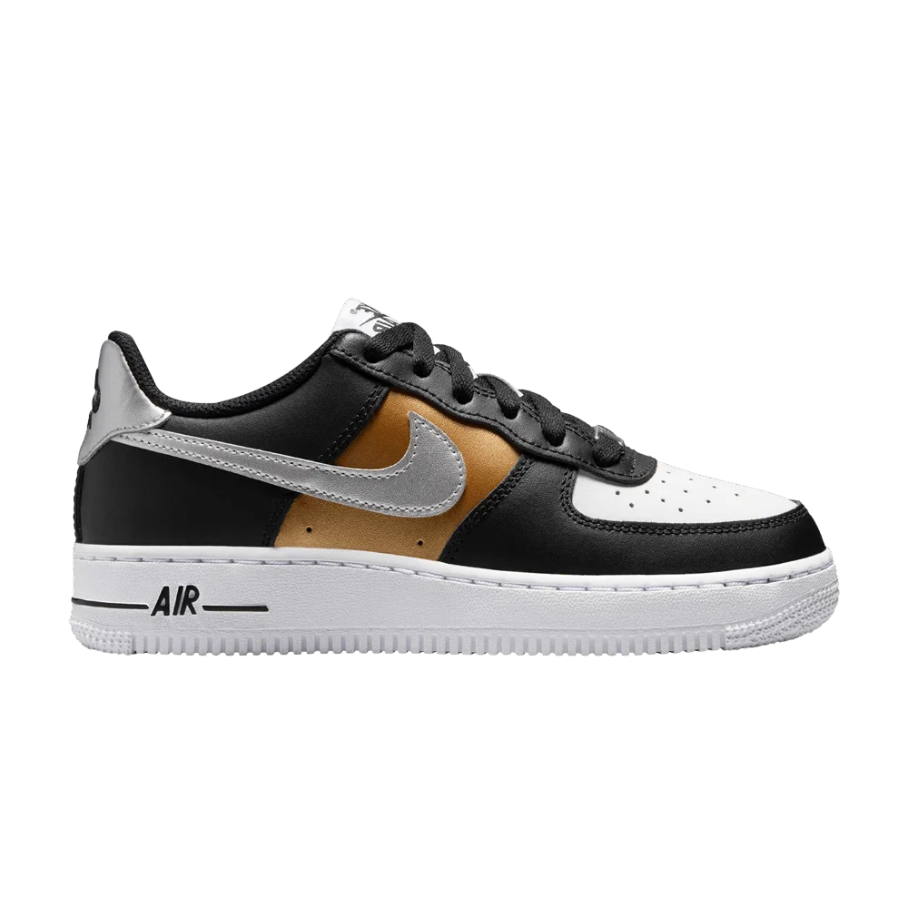 Krossovki-Nike-Air-Force-1-Low-GS-Black-Gold-Metallic-Silver