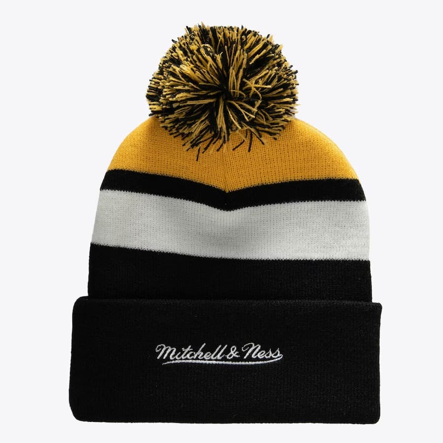 Шапка Mitchell & Ness Black Boston Bruins Stripe Cuffed Knit Hat with Pom