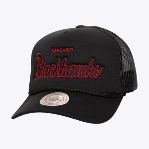 Mitchell-Ness-Black-Chicago-Blackhawks-Script-Trucker-Adjustable-Hat-300x300