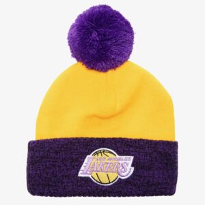 Mitchell-Ness-Gold-Purple-Los-Angeles-Lakers-Hardwood-Classics-Two-Tone-Cuffed-Knit-Hat-with-Pom-300x300