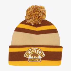 Mitchell-Ness-Brown-Boston-Bruins-1930-Cuffed-Knit-Hat-with-Pom-300x300