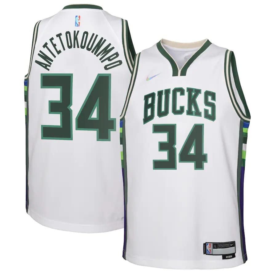 Баскетбольная джерси 2021-22 Milwaukee Bucks #34 Giannis Antetokounmpo City Edition Swingman Jersey White