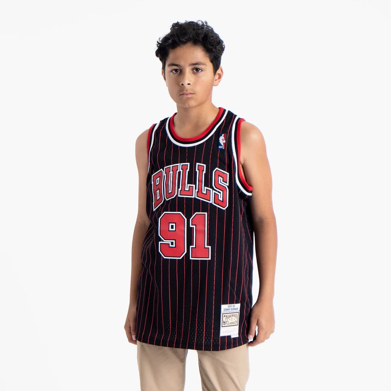 Баскетбольная джерси 1995-1996 Chicago Bulls Dennis Rodman #91 Youth Swingman Hardwood Classic Pinstripe Jersey