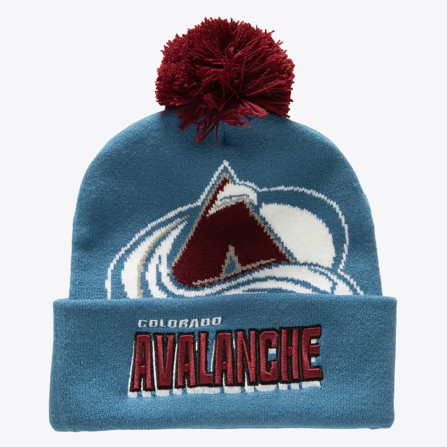 Шапка Mitchell & Ness Blue Colorado Avalanche Punch Out Cuffed Knit Hat with Pom