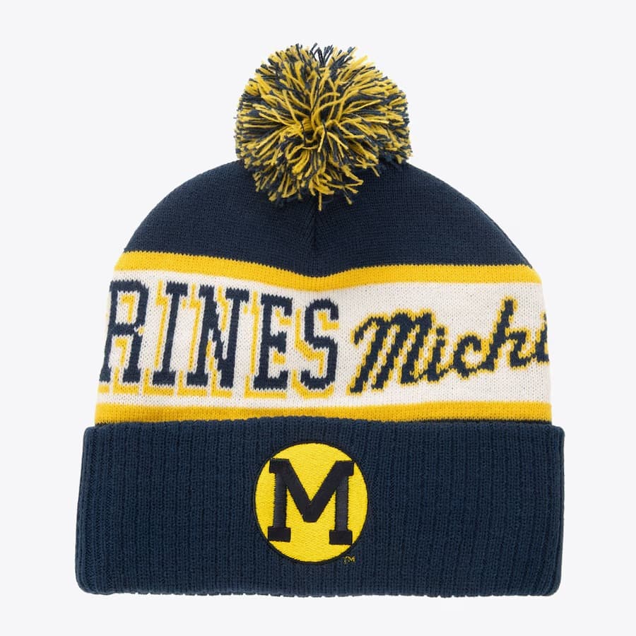 Шапка Mitchell & Ness Navy Michigan Wolverines Vault Block Sweep Cuffed Knit Hat with Pom