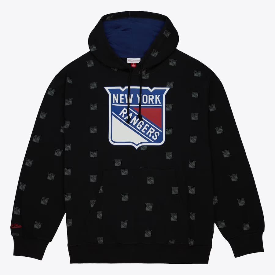 Худи Mitchell & Ness Black New York Rangers Allover Print Fleece Pullover Hoodie