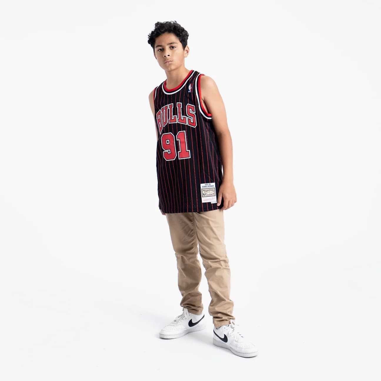 Баскетбольная джерси 1995-1996 Chicago Bulls Dennis Rodman #91 Youth Swingman Hardwood Classic Pinstripe Jersey