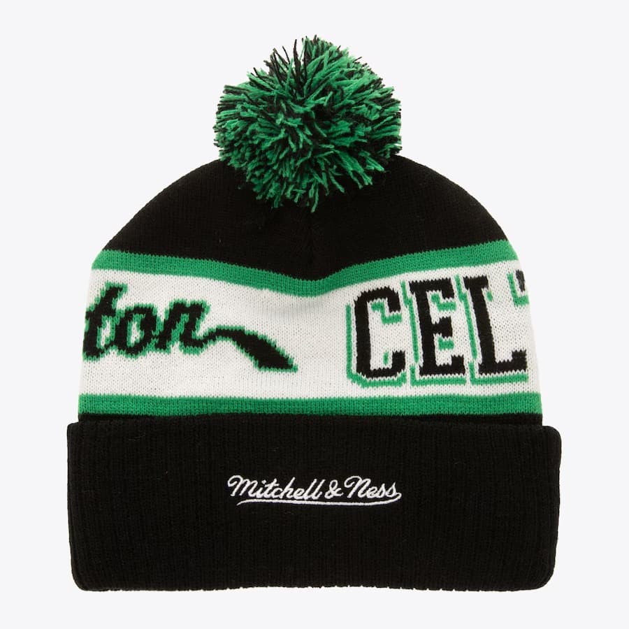 Шапка Mitchell & Ness Black Boston Celtics Hardwood Classics Block Sweep Cuffed Knit Hat with Pom