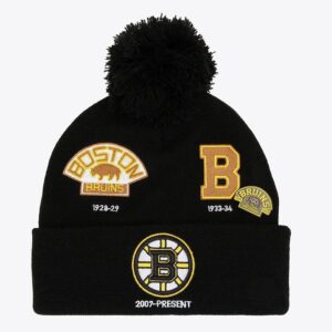 Mitchell-Ness-Black-Boston-Bruins-Timeline-Cuffed-Knit-Hat-with-Pom-300x300