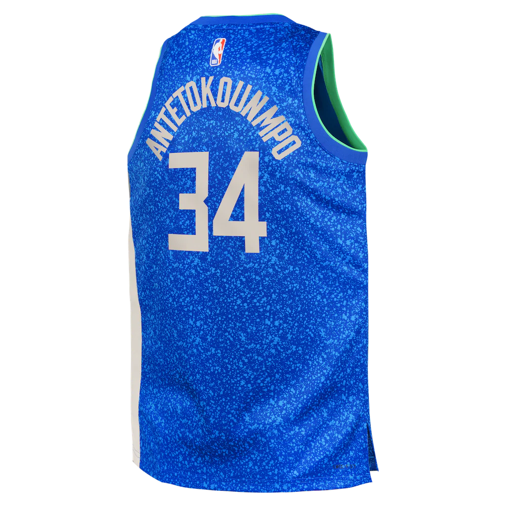 Баскетбольная джерси 2023-24 Milwaukee Bucks Giannis Antetokounmpo #34 Youth Swingman City Edition Blue Jersey