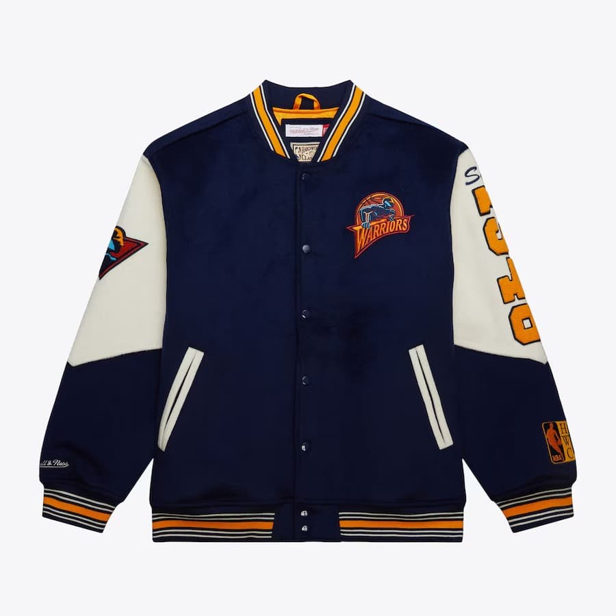 Бомбер Mitchell & Ness Navy Golden State Warriors Team History Vintage Logo Full-Snap Varsity Jacket