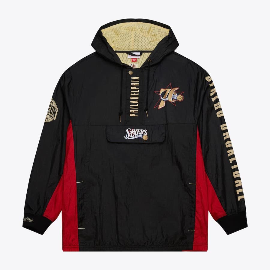 Анорак Mitchell & Ness Black Philadelphia 76ers Team OG 2.0 Vintage Logo Anorak Quarter-Zip Hoodie Windbreaker Jacket