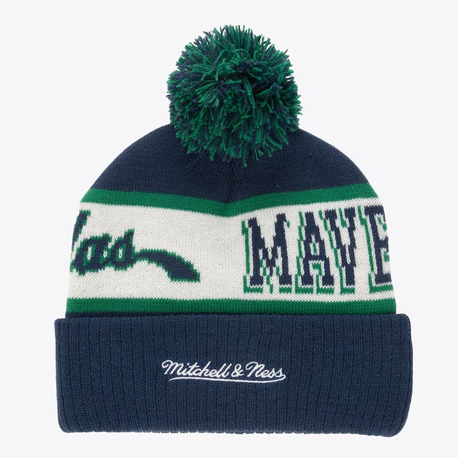 Шапка Mitchell & Ness Navy Dallas Mavericks Hardwood Classics Block Sweep Cuffed Knit Hat with Pom