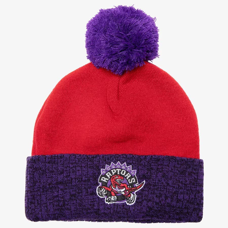 Шапка Mitchell & Ness Red Purple Toronto Raptors Hardwood Classics Two-Tone Cuffed Knit Hat with Pom