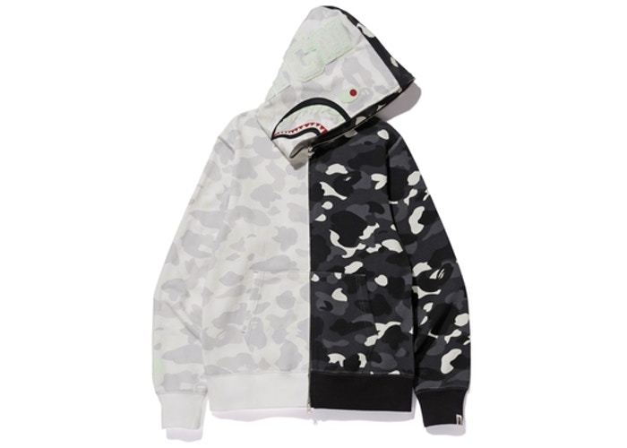 Худи BAPE City Camo Half Shark Full Zip Hoodie White Black