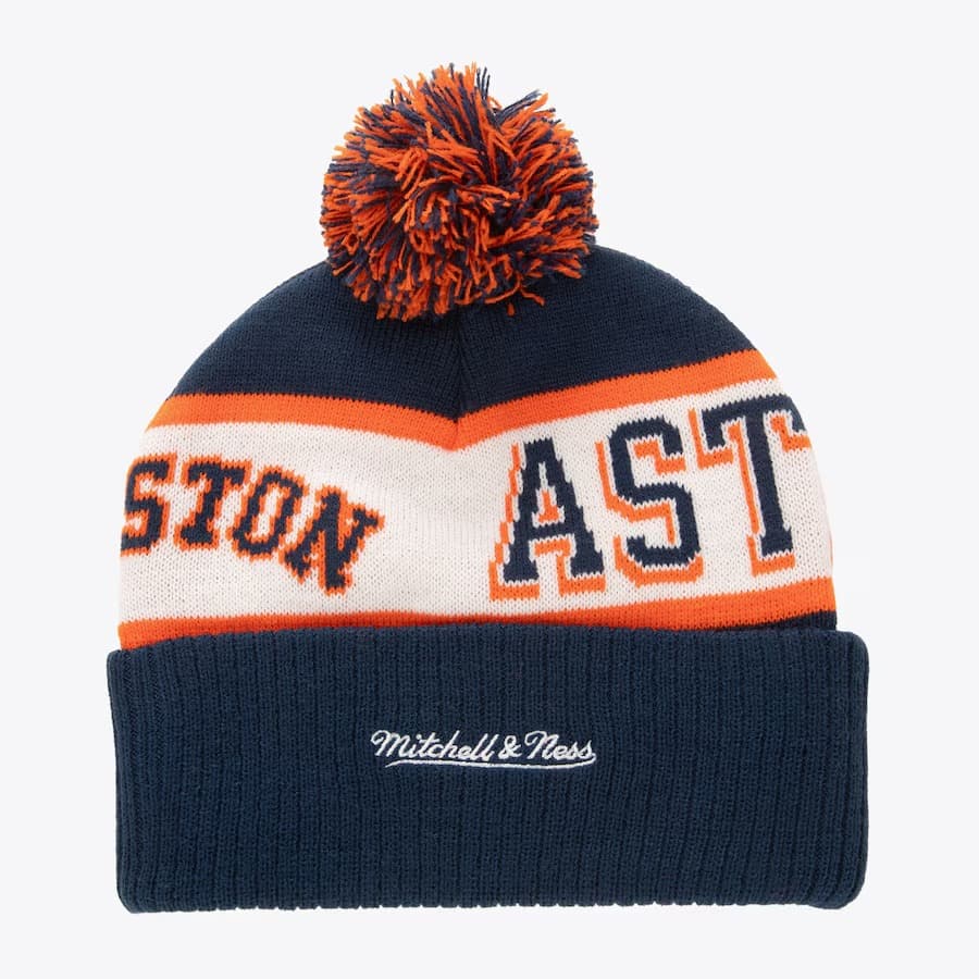 Шапка Mitchell & Ness Navy Houston Astros Cooperstown Collection Block Sweep Cuffed Knit Hat with Pom