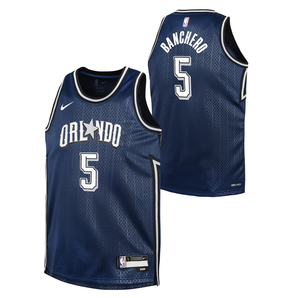Баскетбольная джерси 2023-24 Orlando Magic Paolo Banchero #5 Youth Swingman City Edition Navy Jersey