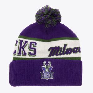 Mitchell-Ness-Purple-Milwaukee-Bucks-Hardwood-Classics-Block-Sweep-Cuffed-Knit-Hat-with-Pom-300x300