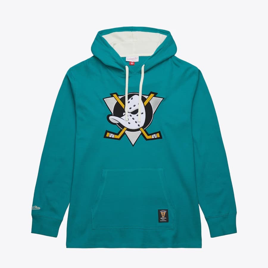 Худи Mitchell & Ness Teal Anaheim Ducks Vintage Logo Thermal Lightweight Pullover Hoodie