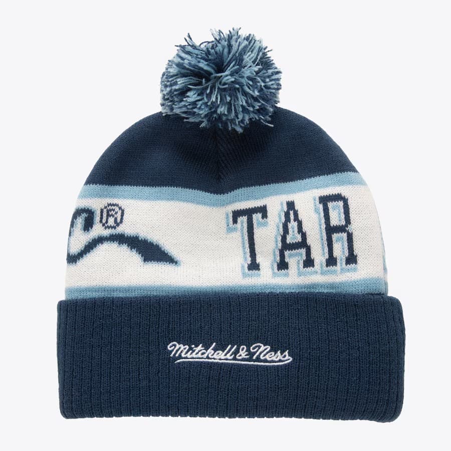 Шапка Mitchell & Ness Navy North Carolina Tar Heels Vault Block Sweep Cuffed Knit Hat with Pom