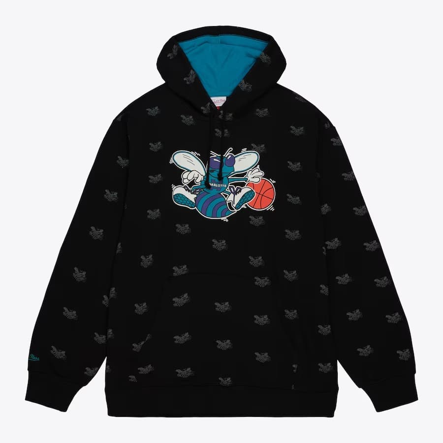 Худи Mitchell & Ness Black Charlotte Hornets Allover Print Fleece Pullover Hoodie
