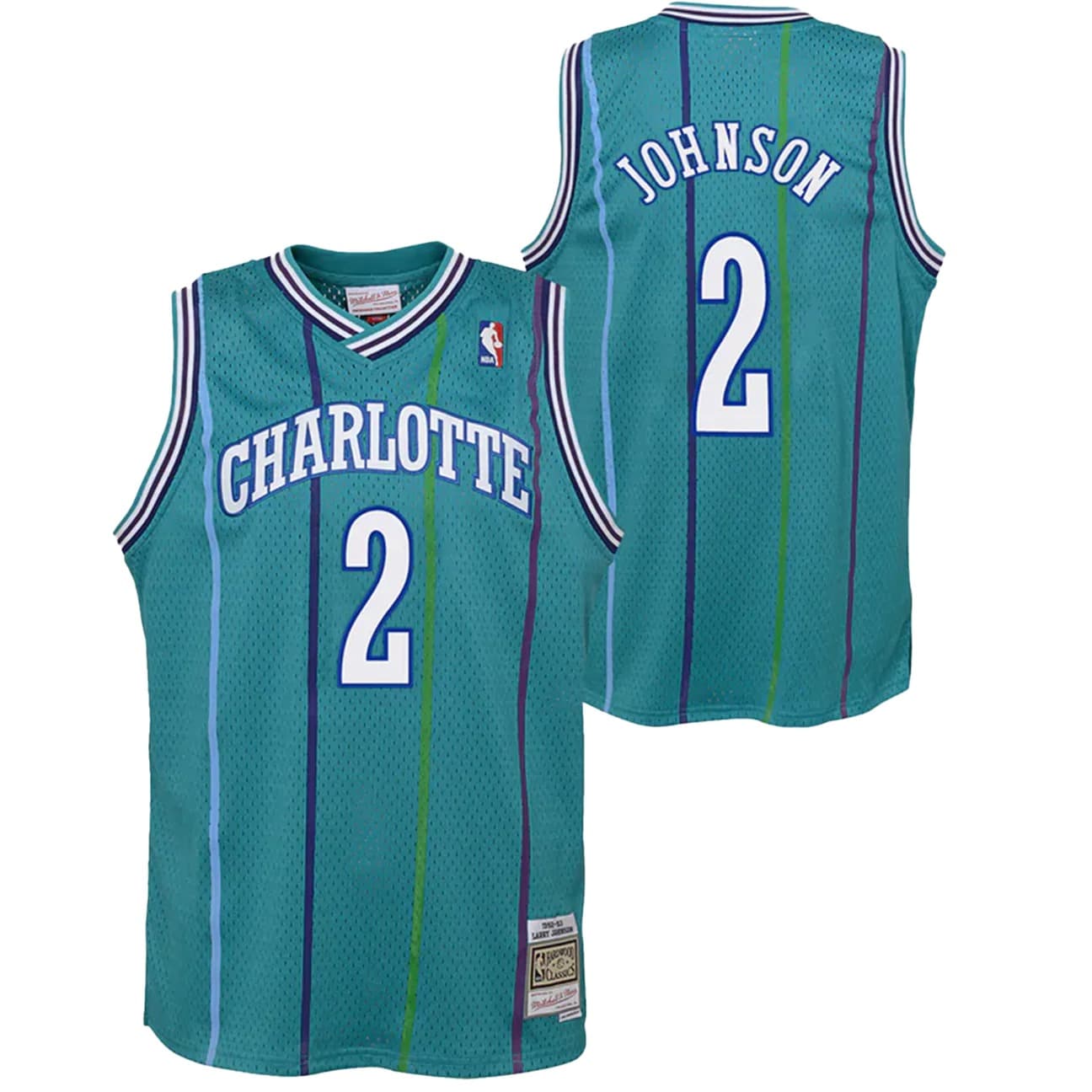 Баскетбольная джерси 1992-93 Charlotte Hornets Larry Johnson #2 Youth Swingman Hardwood Classics Teal Jersey