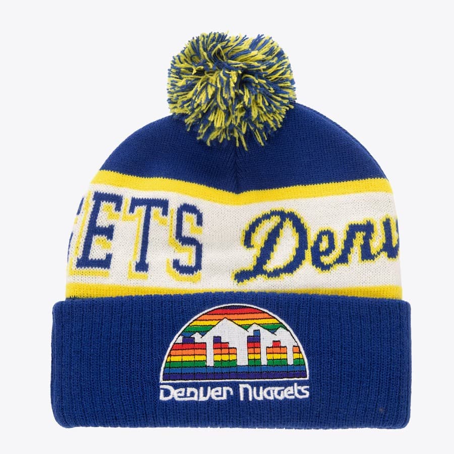 Шапка Mitchell & Ness Blue Denver Nuggets Hardwood Classics Block Sweep Cuffed Knit Hat with Pom