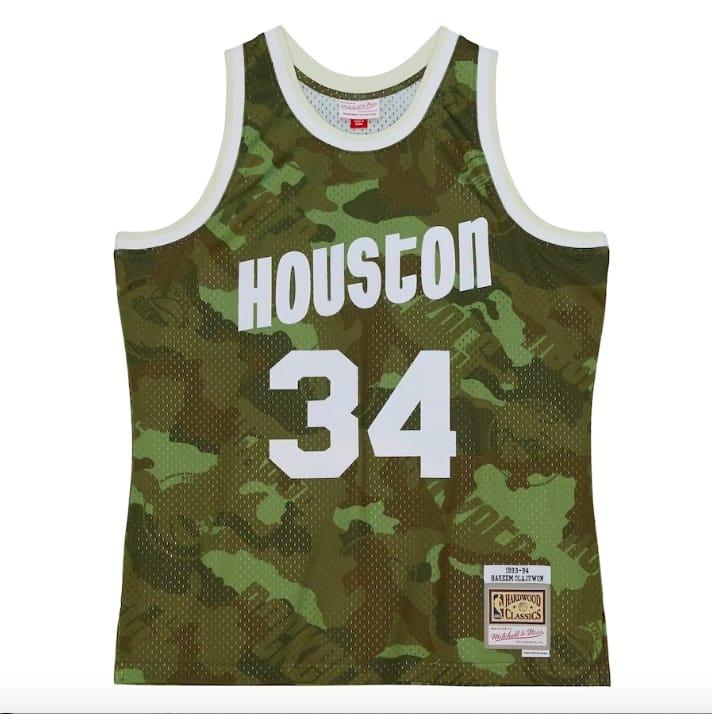 Баскетбольная джерси 1993-94 Houston Rockets #34 Hakeem Olajuwon Mitchell & Ness Ghost Green Camo Jersey