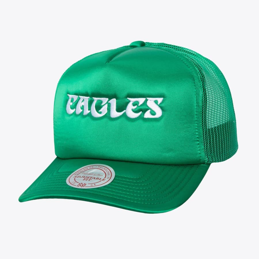 Бейсболка Mitchell & Ness Midnight Green Philadelphia Eagles Satin Snapback Trucker Hat
