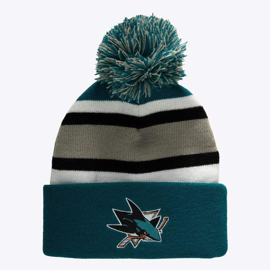 Шапка Mitchell & Ness Teal San Jose Sharks Stripe Cuffed Knit Hat with Pom