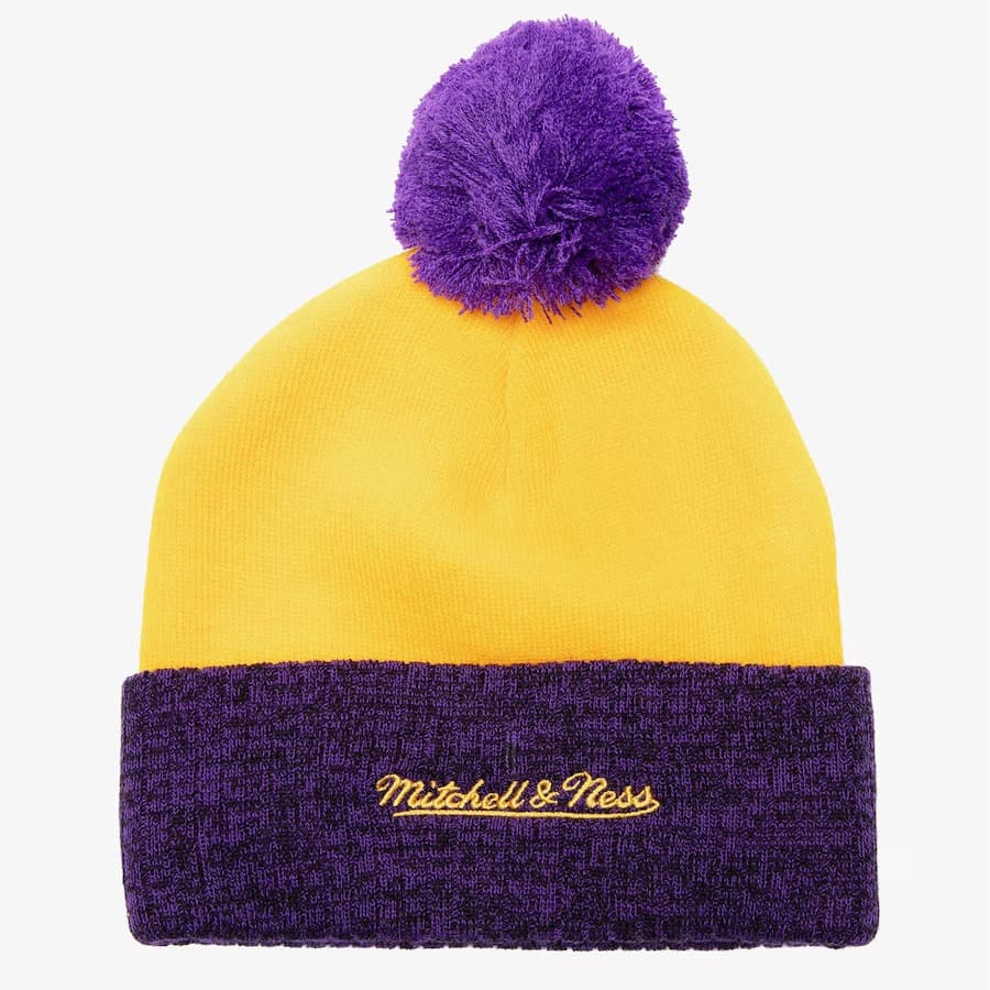 Шапка Mitchell & Ness Gold Purple Los Angeles Lakers Hardwood Classics Two-Tone Cuffed Knit Hat with Pom