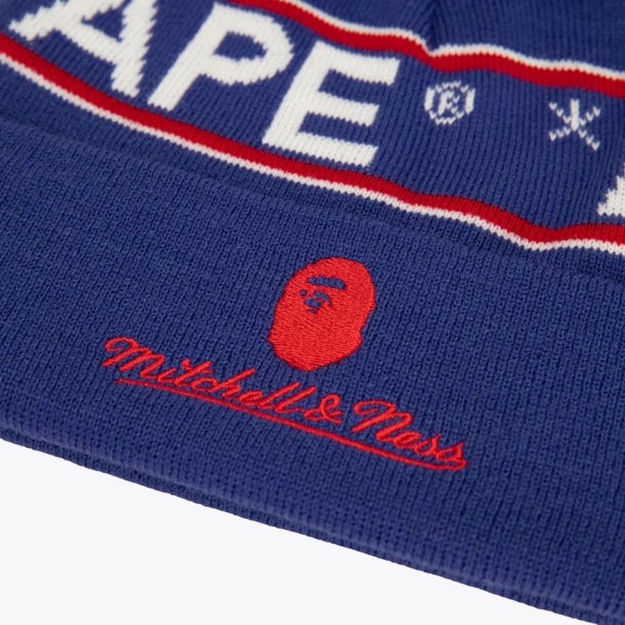 Шапка Mitchell & Ness x Bape Blue New York Rangers Bape Cuffed Knit Pom Hat