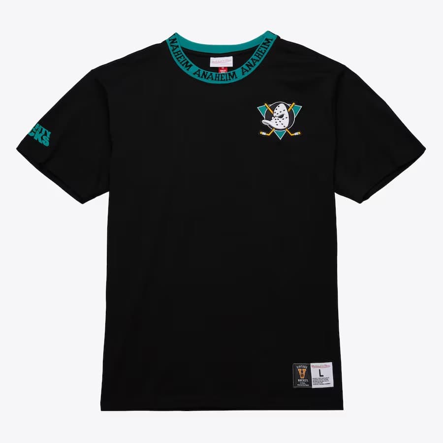Футболка Mitchell & Ness Black Anaheim Ducks Jacquard Ringer Vintage Logo T-Shirt