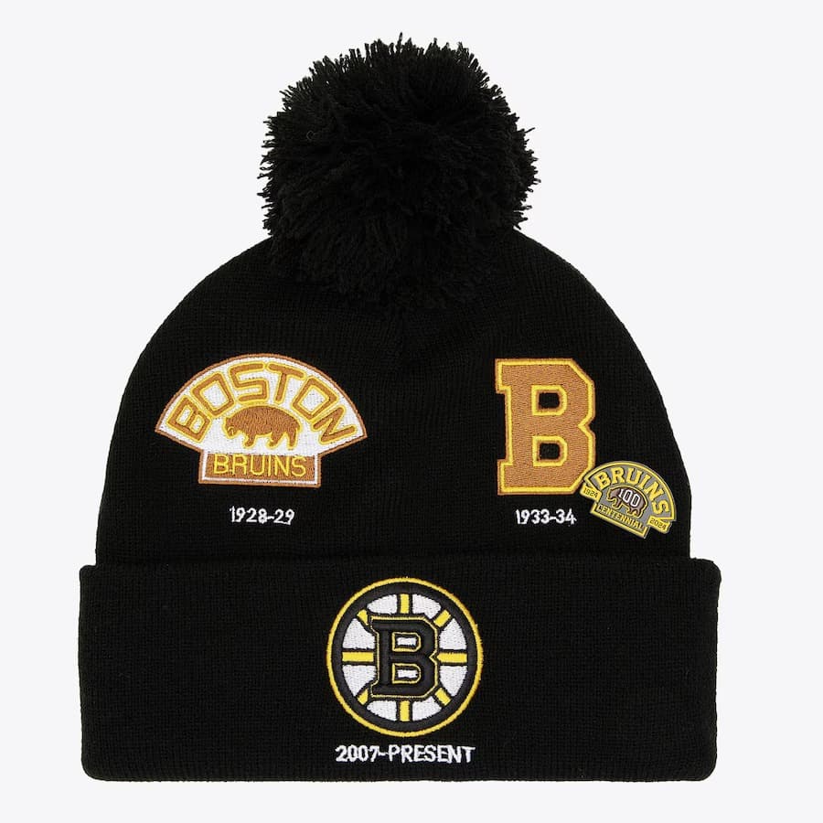Шапка Mitchell & Ness Black Boston Bruins Timeline Cuffed Knit Hat with Pom