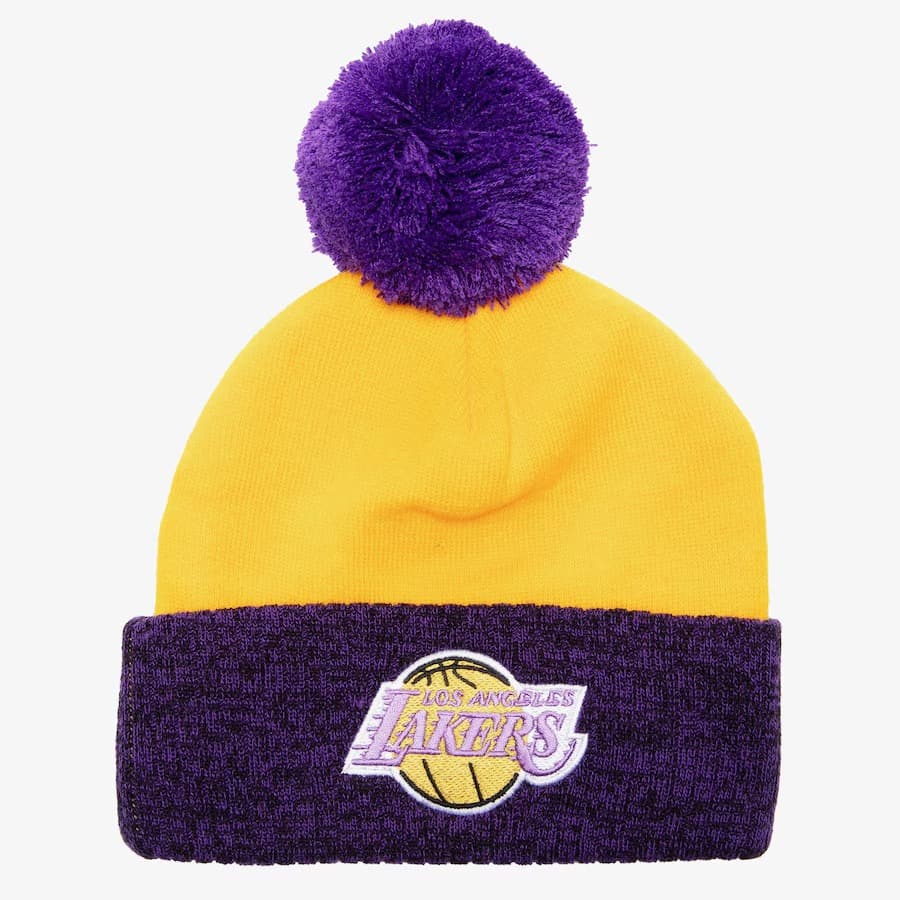 Шапка Mitchell & Ness Gold Purple Los Angeles Lakers Hardwood Classics Two-Tone Cuffed Knit Hat with Pom
